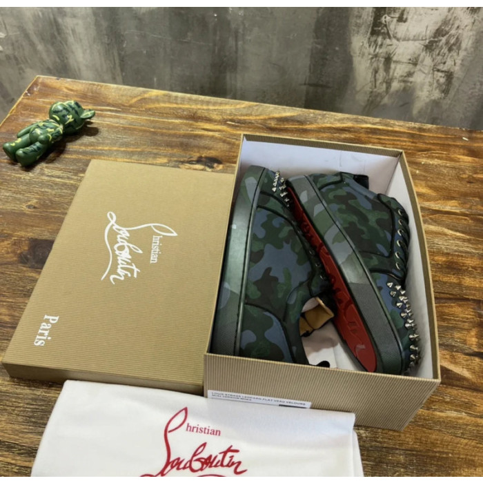 Christian Louboutin Green Camouflage Gunmetal‑Spiked Low‑Top Sneakers