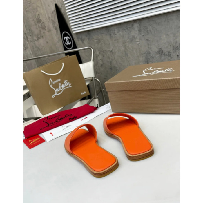 Christian Louboutin Vibrant Orange Leather Stitched Logo Wood‑trim Flat Slide