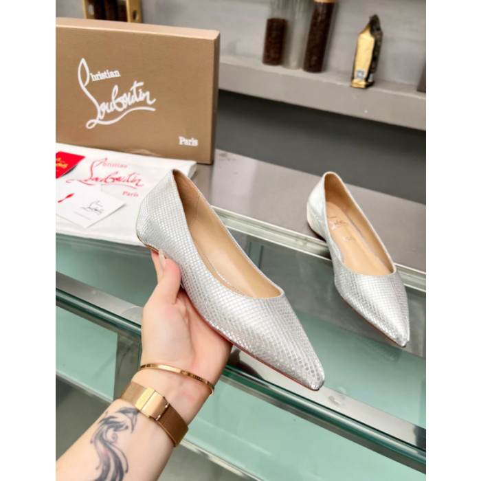 Christian Louboutin Silver Woven Metallic Pointed‑Toe Low‑Wedge Heel Flats