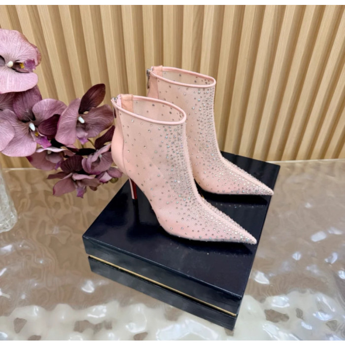 Christian Louboutin Nude Mesh 100mm Crystal‑Embellished Pointed Toe Stiletto Heel Ankle Boots