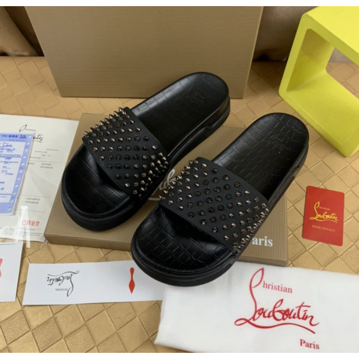 Christian Louboutin Black Metal‑Spiked Flat Slide Sandals