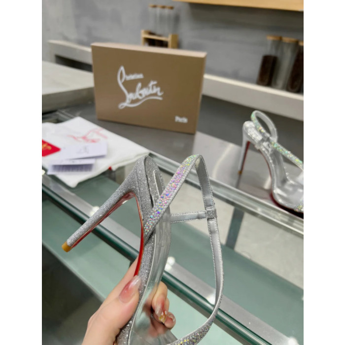 Christian Louboutin Silver Glitter Crystal‑Embellished 100mm heel Sandal