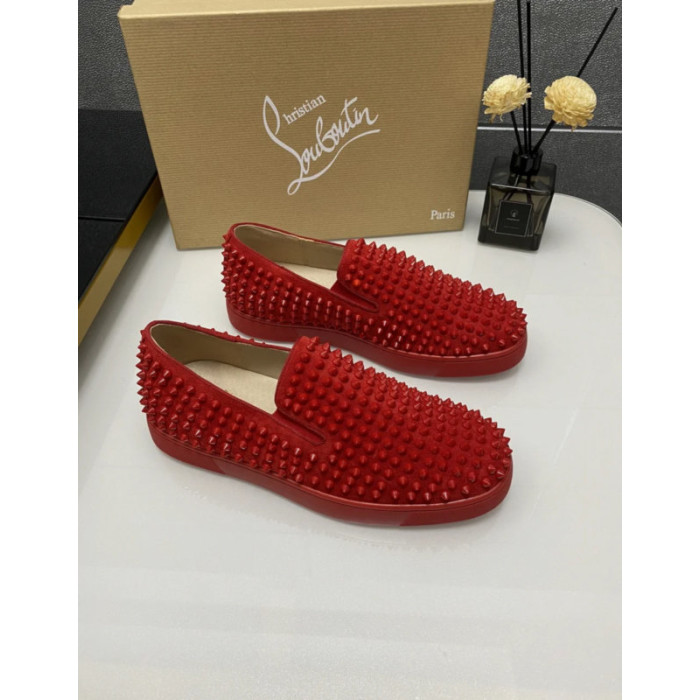 Christian Louboutin Red Suede All‑Over Spiked Slip‑On Loafers