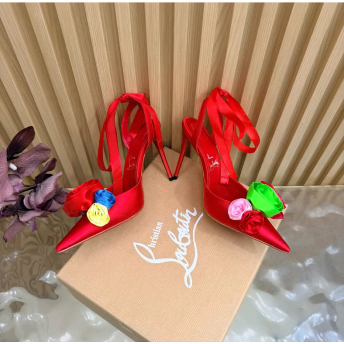 Christian Louboutin Red Satin Multicolor Fabric Flower 100mm Stiletto Heel Slingback Pumps