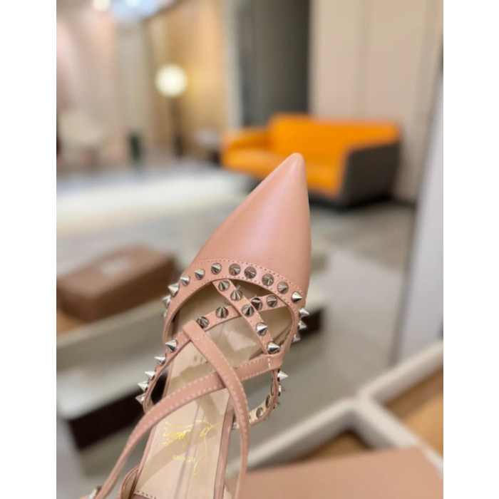 Christian Louboutin Nude Leather Spiked Crisscross Strap Pointed‑Toe High‑Heel Pumps