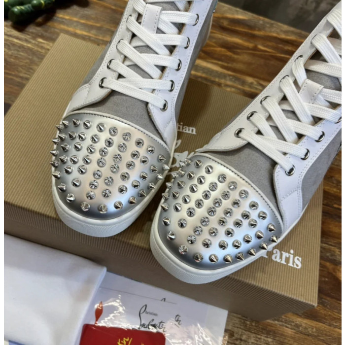 Christian Louboutin Grey Canvas Silver Spiked High‑Top Sneakers