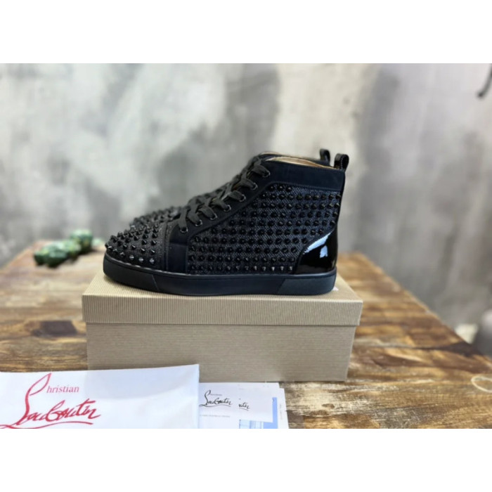 Christian Louboutin Black Glitter Spike‑Embellished High‑Top Sneakers