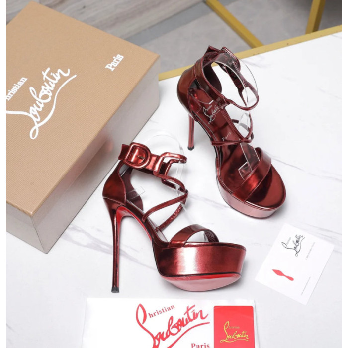Christian Louboutin Metallic Burgundy Platform Ankle‑Strap Stiletto Heel Sandals