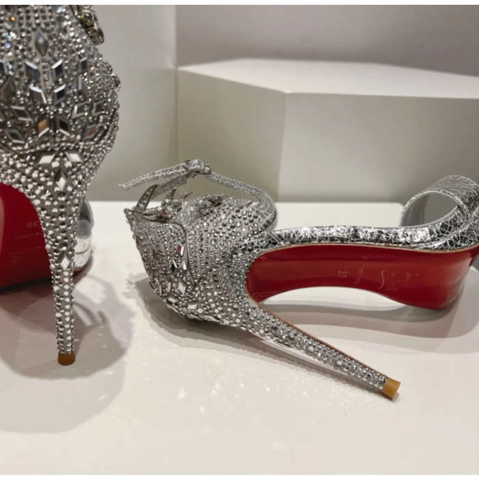 Christian Louboutin Silver Crackled Leather Crystal 120mm Platform Heel Sandals