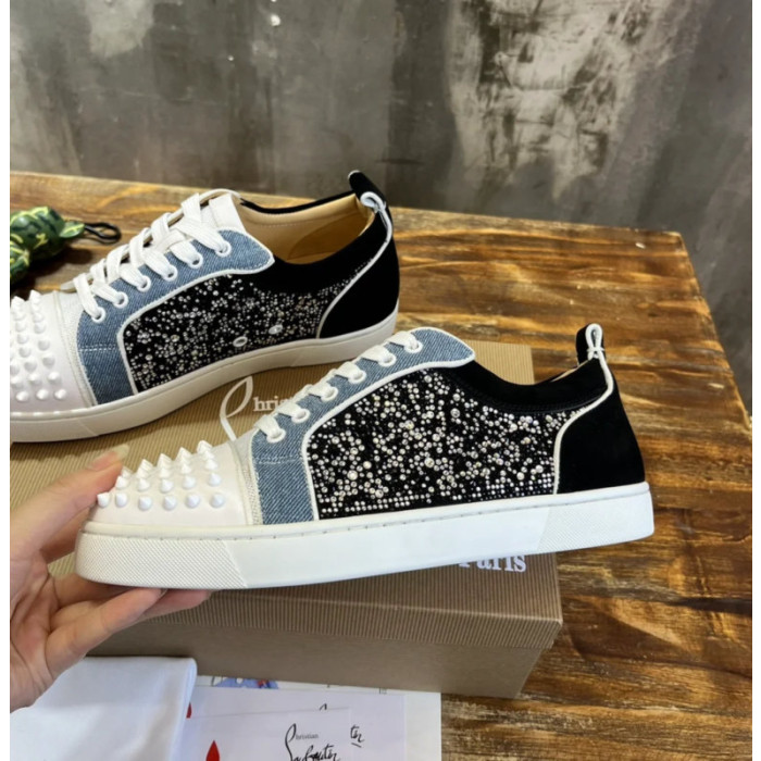 Christian Louboutin Denim Mixed‑Media Crystal Spike Low‑Top Sneakers