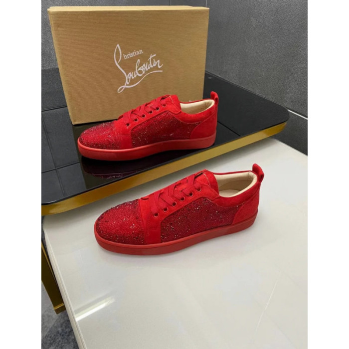 Christian Louboutin Red Suede Red Crystal‑Encrusted Low‑Top Sneakers