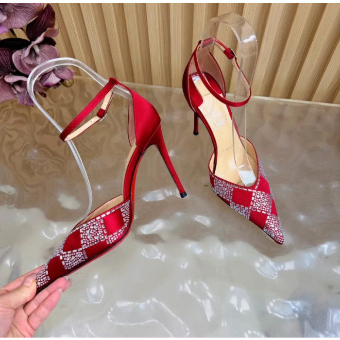 Christian Louboutin Red Satin Checkered Crystal‑Embellished 100mm Stiletto Heel Ankle‑Strap Pumps