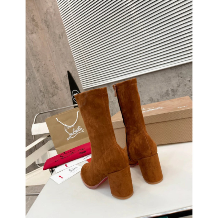Christian Louboutin Cognac Suede Side‑Zip Block‑Heel Ankle Boots 85mm heel
