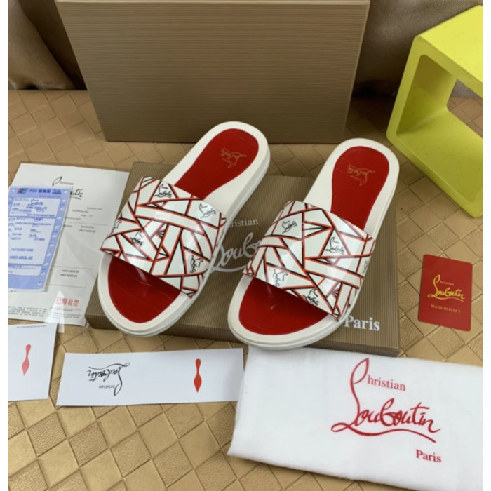 Christian Louboutin White Geometric‑Print Slide Sandals With Signature Logo