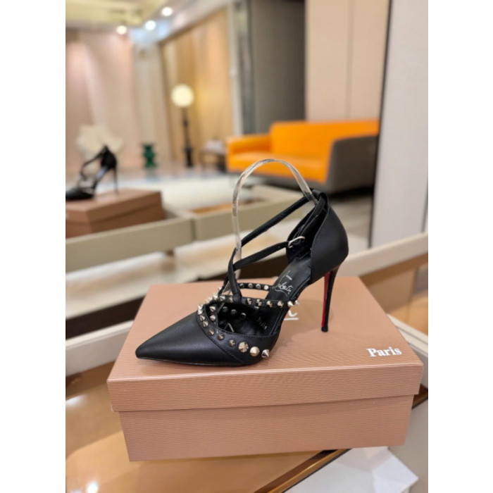 Christian Louboutin Black Leather Spiked Crisscross Strap Pointed‑Toe High‑Heel Pumps