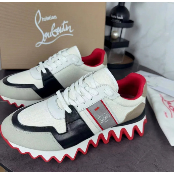 Christian Louboutin White‑Black‑Beige Color‑Block Lace‑Up Sneakers Red Shark‑Tooth Sole
