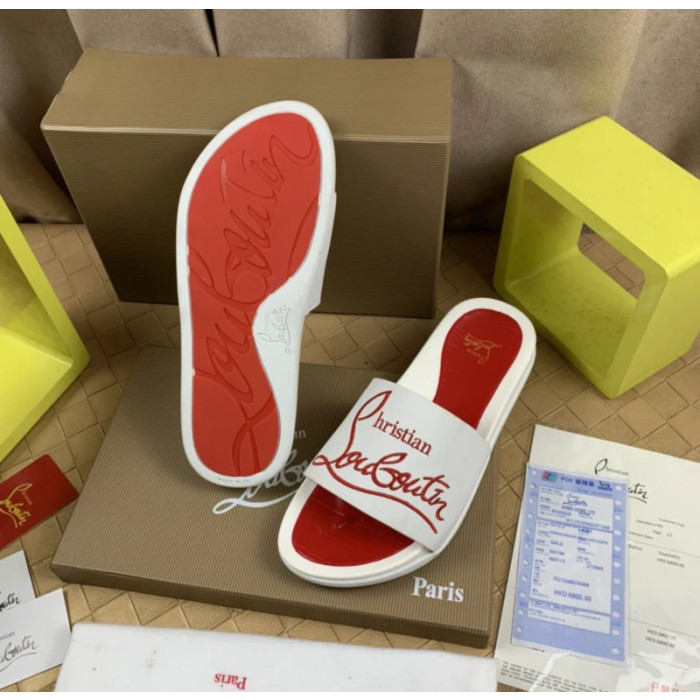 Christian Louboutin White Rubber Slide Sandals Red Signature Script Logo