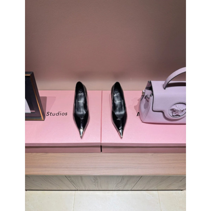Christian Louboutin Black Patent Metal‑Tip Pointed Toe Kitten Heel Pumps