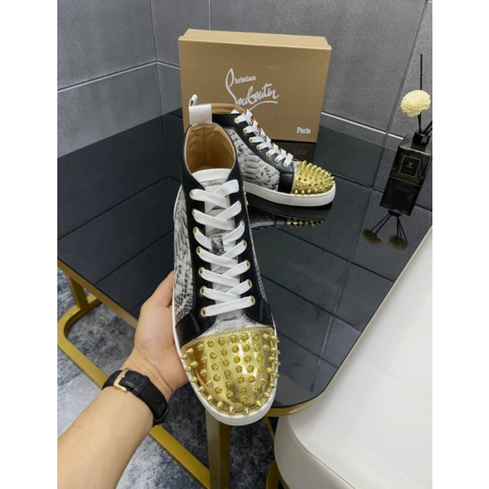 Christian Louboutin Grey Snake‑Print Gold‑Spiked High‑Top Sneakers