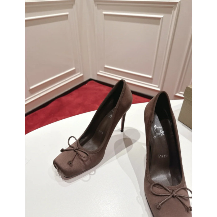 Christian Louboutin Brown Satin Bow 100mm Square Toe Stiletto Pumps