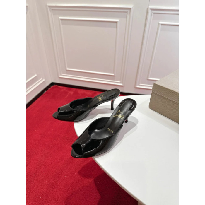 Christian Louboutin Black Patent Peep‑Toe Stiletto Heel Mules