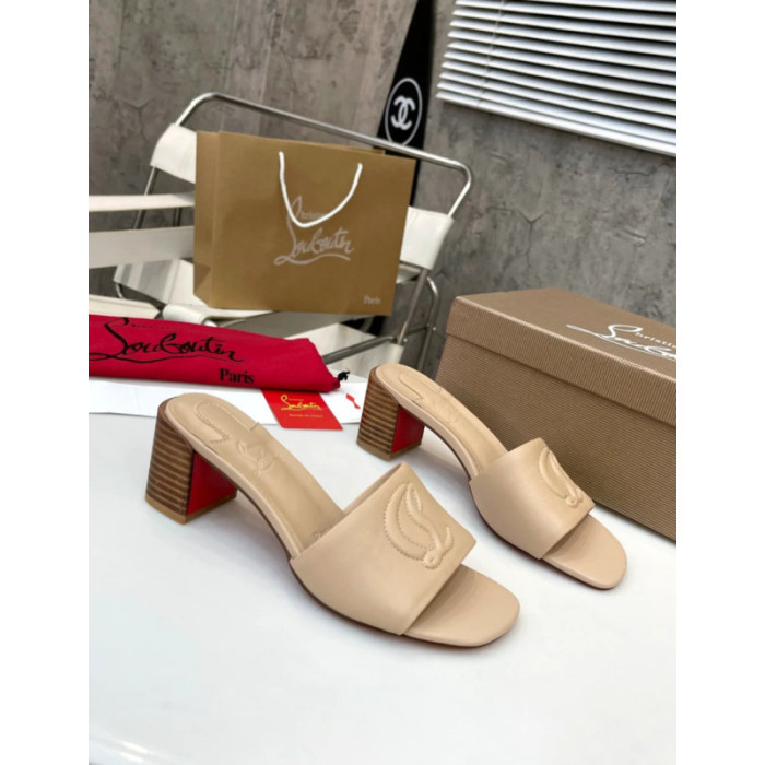 Christian Louboutin Beige Leather 55mm heel Block Heel Slide Sandal