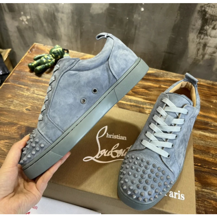 Christian Louboutin Dusty Blue Suede Spiked Low‑Top Men’s Sneakers