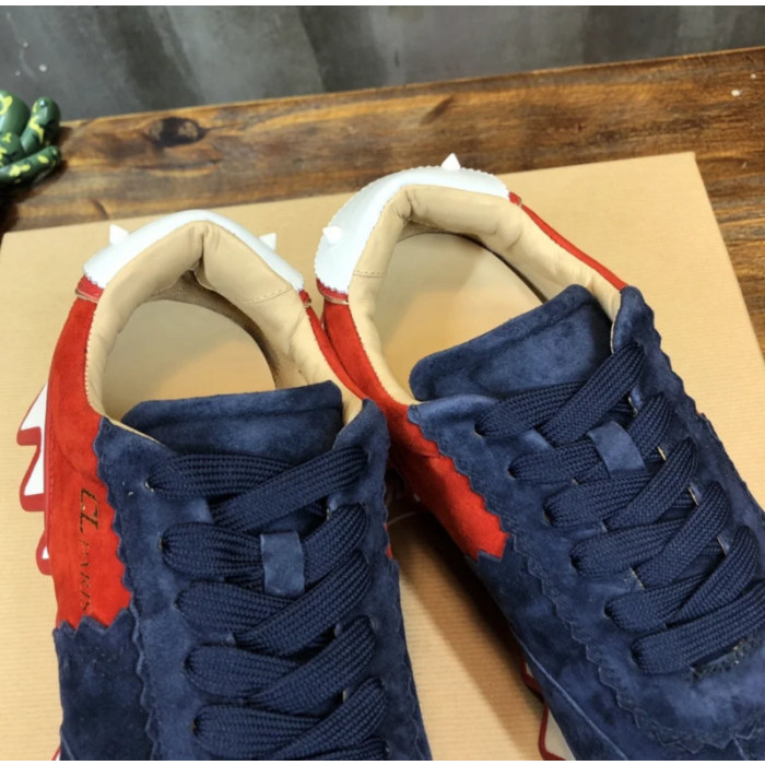 Christian Louboutin Navy‑Red Suede Gold‑Logo Shark‑Tooth Sole Lace‑Up Sneakers