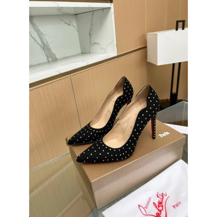 Christian Louboutin Black Suede Scalloped Crystal‑Dot 100mm heel Pump