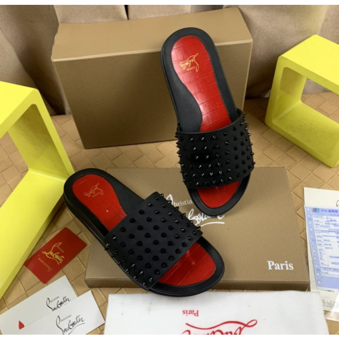 Christian Louboutin Black Spiked Slide Sandals Red Croc‑Embossed Footbed