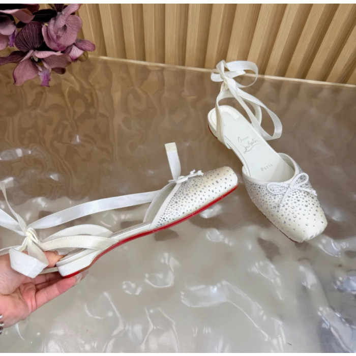 Christian Louboutin White Satin Crystal‑Embellished Ankle‑Tie Slingback Ballet Flats