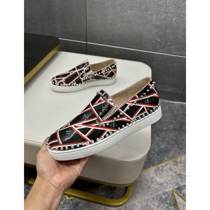 Christian Louboutin Black Patent Geometric‑Print Spiked Slip‑On Sneakers