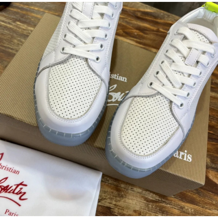 Christian Louboutin White Perforated Leather Fluorescent‑Yellow Accent Low‑Top Sneakers