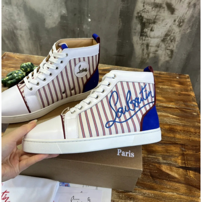 Christian Louboutin Striped Canvas Leather‑Trim High‑Top Sneakers
