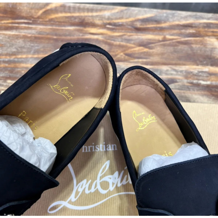 Christian Louboutin Black Nubuck Metal‑Stud Slip‑On Loafers