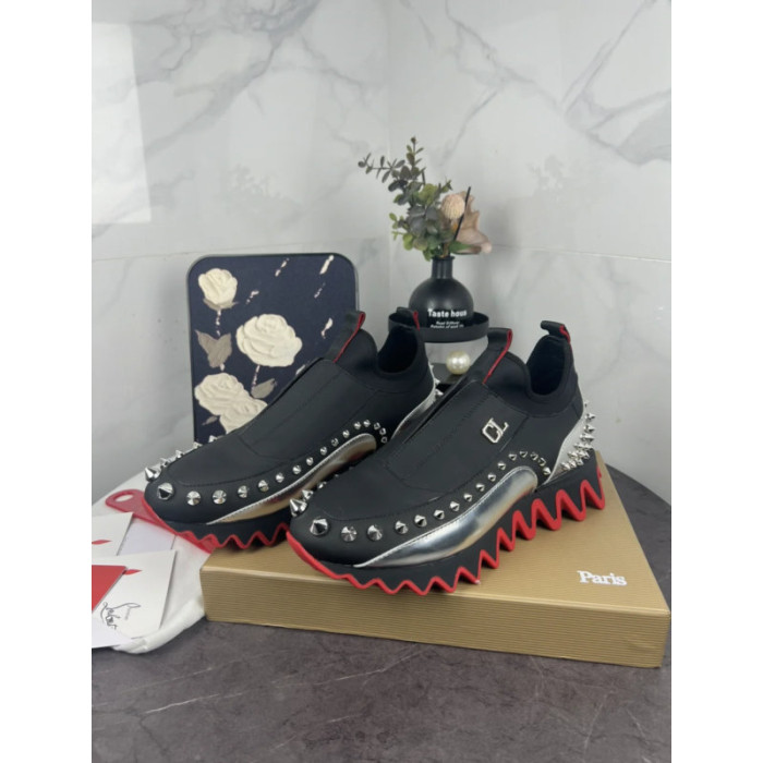 Christian Louboutin Black Silver‑Spiked Slip‑On Sneakers Red Shark‑Tooth Sole