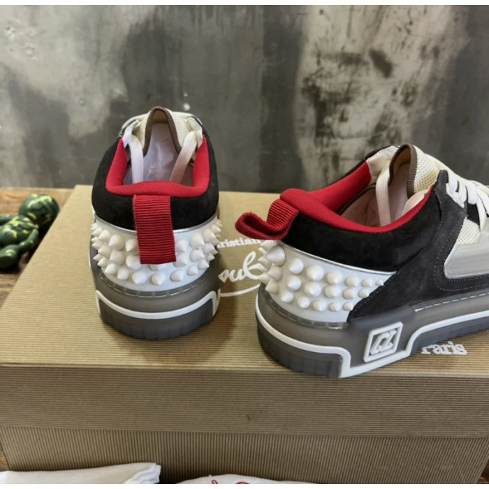 Christian Louboutin Earth‑Tone Suede Mesh Spiked Platform Low‑Top Sneakers