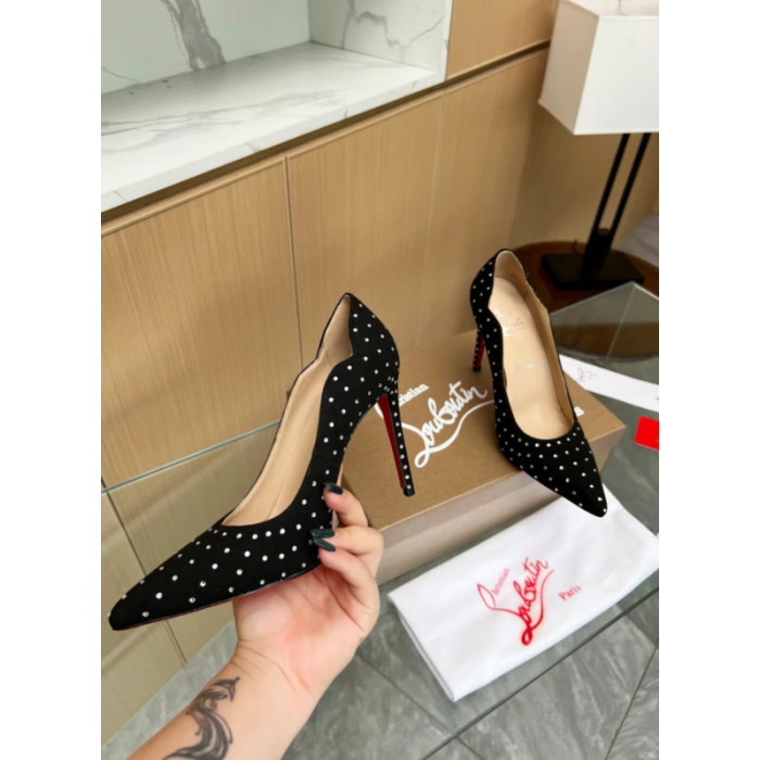 Christian Louboutin Black Suede Scalloped Crystal‑Dot 100mm heel Pump
