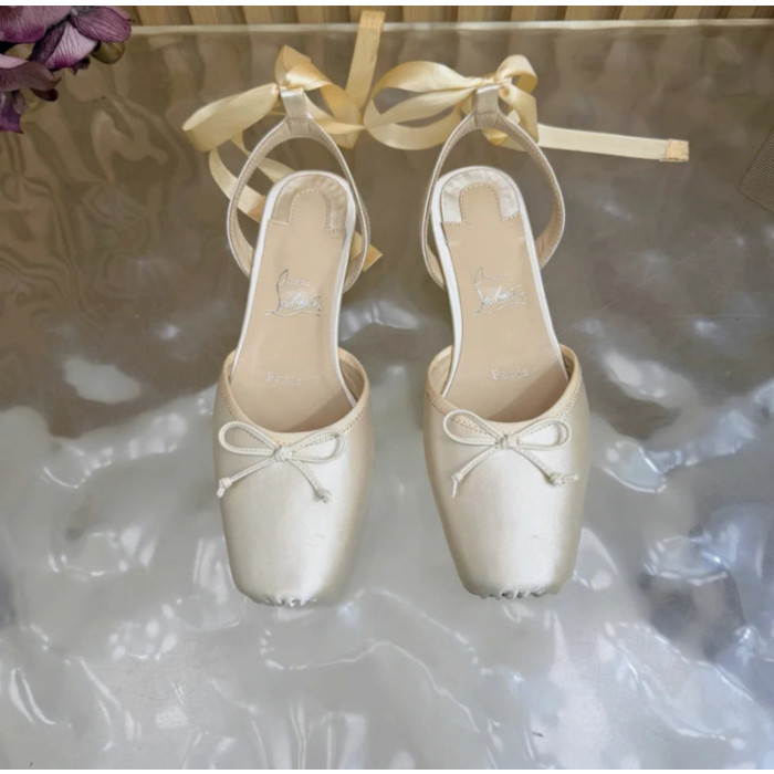Christian Louboutin Ivory Satin Bow Ankle‑Tie Slingback Ballet Flats