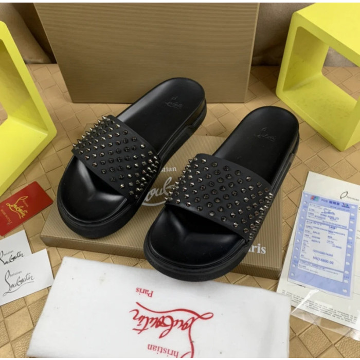 Christian Louboutin Black Silver‑Spiked Platform Slide Sandals