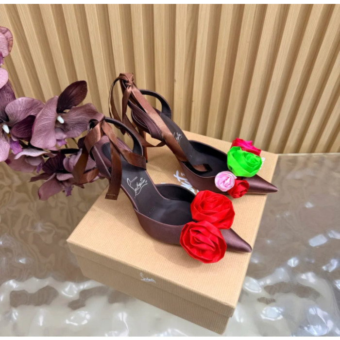 Christian Louboutin Burgundy Satin Multicolor Fabric Flower 100mm Stiletto Heel Slingback Pumps