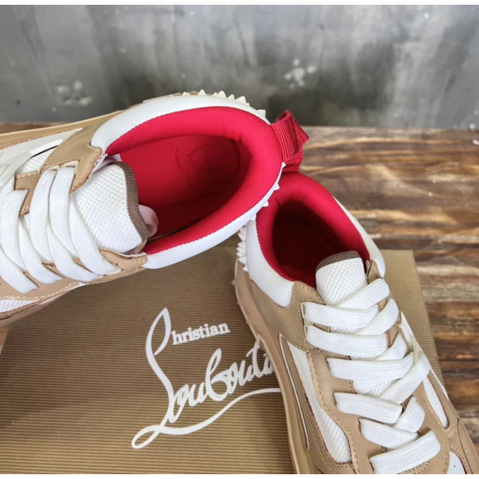 Christian Louboutin Beige White Mixed‑Media Spiked Low‑Top Sneakers