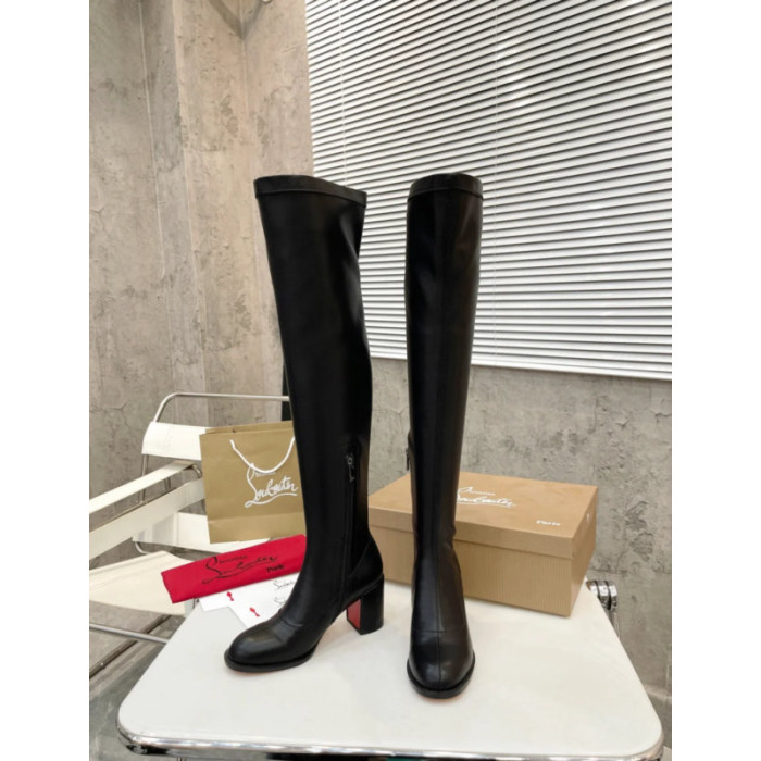 Christian Louboutin Black Stretch Leather 85mm heel Block‑Heel Over‑The‑Knee Boots