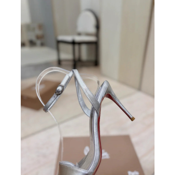 Christian Louboutin Silver Laminated Leather 85mm Stiletto Heel Ankle‑Strap Sandals