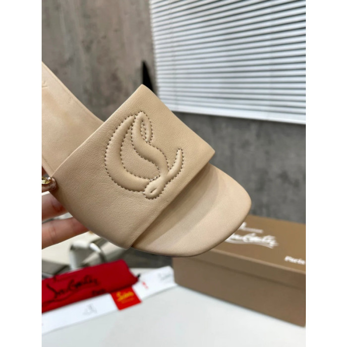 Christian Louboutin Beige Leather 55mm heel Block Heel Slide Sandal