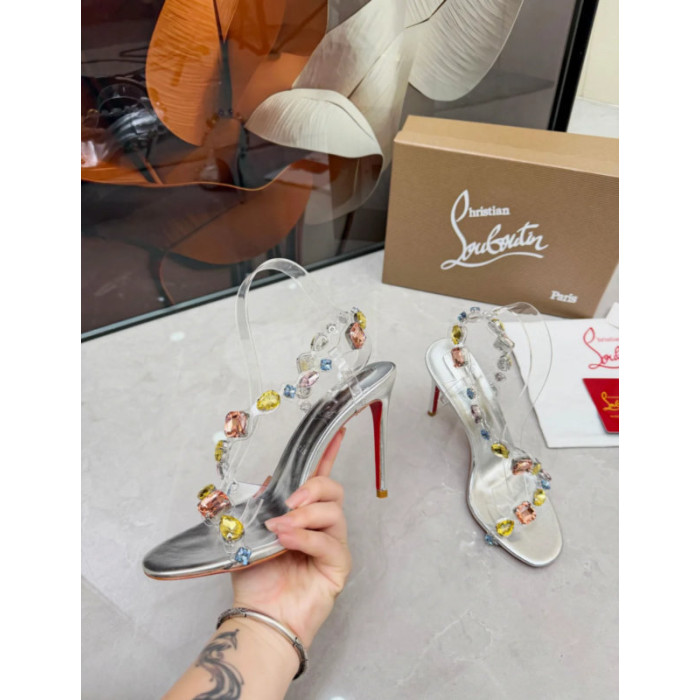 Christian Louboutin Silver PVC Multicolor Crystal‑Embellished 100mm Stiletto Heel Sandals