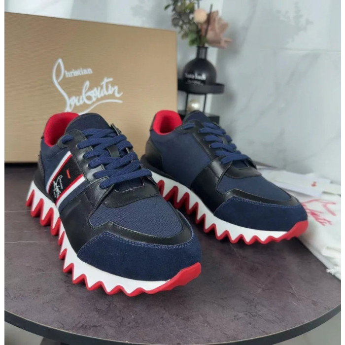 Christian Louboutin Navy‑Black Color‑Block Lace‑Up Sneakers Red Shark‑Tooth Sole