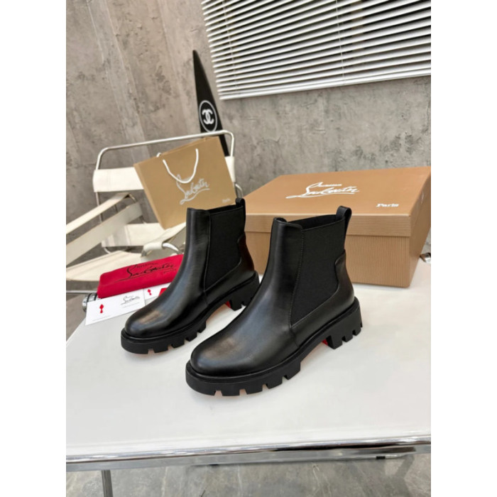 Christian Louboutin Black Smooth Leather Lug‑Sole Chelsea Ankle Boots