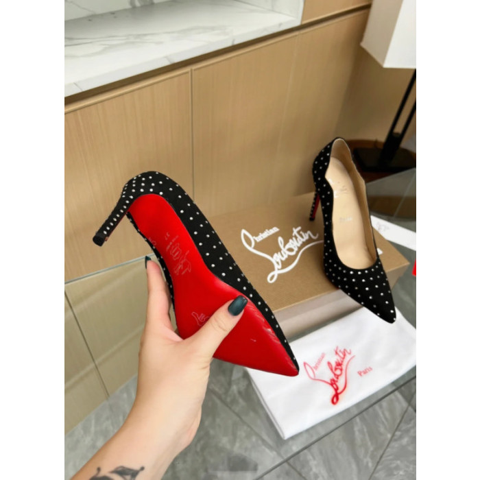 Christian Louboutin Black Suede Scalloped Crystal‑Dot 100mm heel Pump