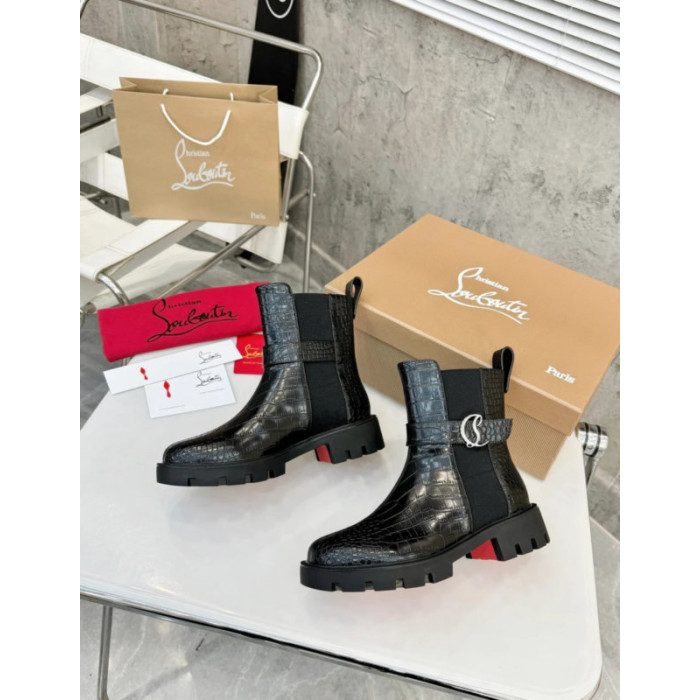 Christian Louboutin Black Croc‑Embossed CL‑Buckle Chelsea Lug‑Sole Ankle Boots